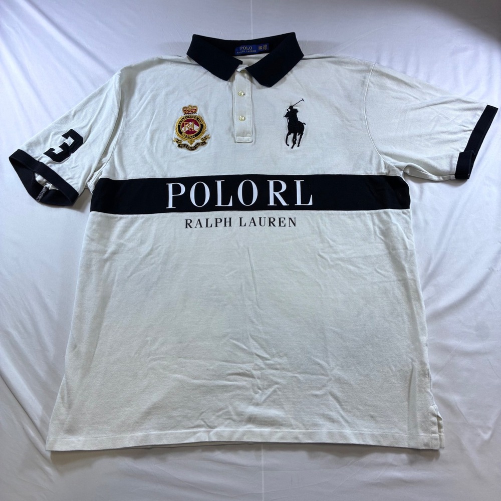 Polo Ralph Lauren Mens 2XLT Big Pony Crest Polo Shirt White Navy Blue 3 Patch